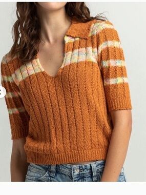 Free People Rust Orange V-Neck Short Sleeve Sweater with Cream Stripe